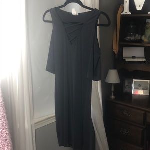 Navy, open shoulder dress